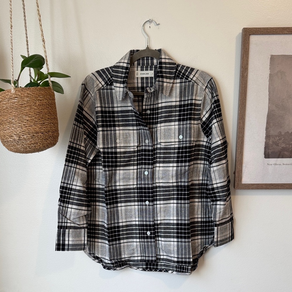 NWOT Everlane The Boyfriend Shirt in Flannel, Light Heather Oat/Black, Sz S